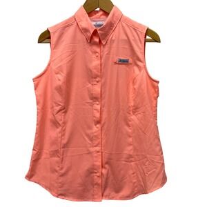Columbia PFG Sleeveless Outdoors Shirt Womens Medium Peach Snap Front Ripstop